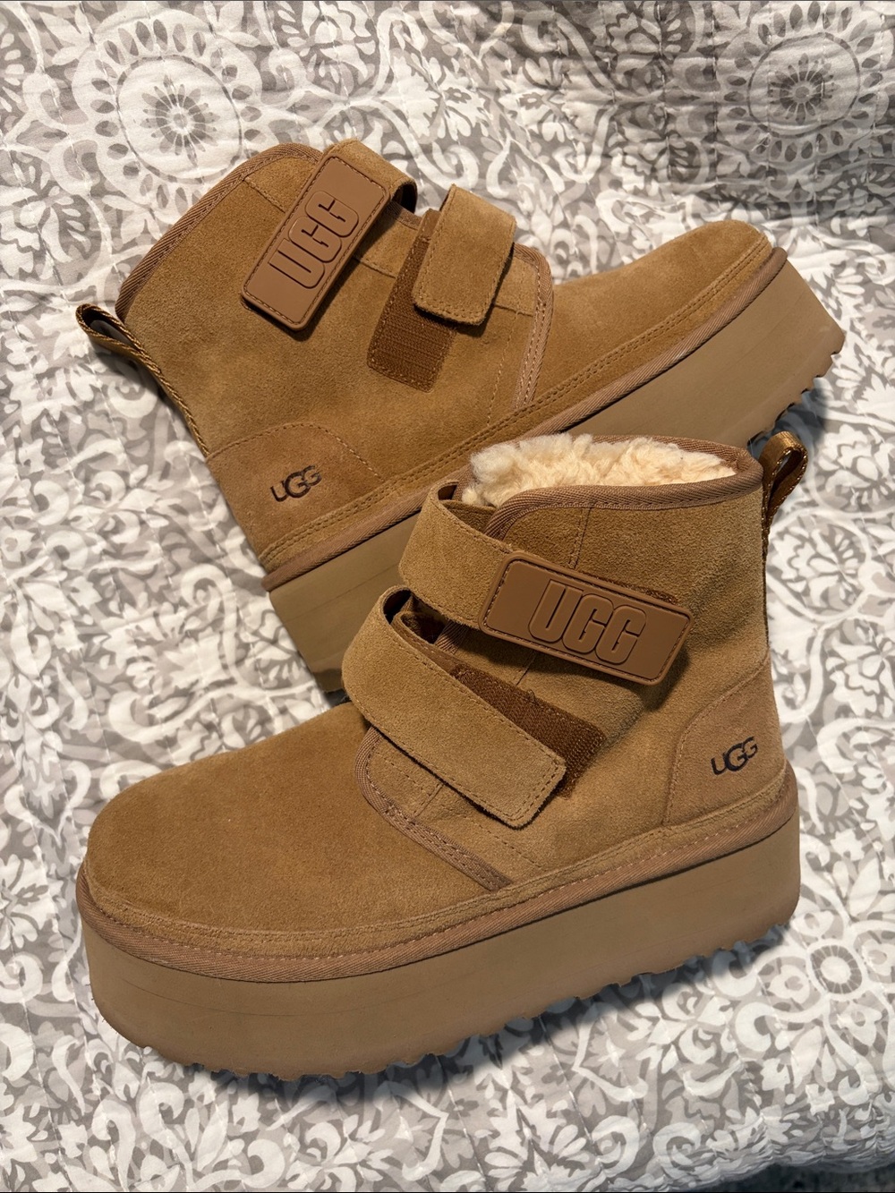 UGG Tan Suede Platform Shearling Strap Booties